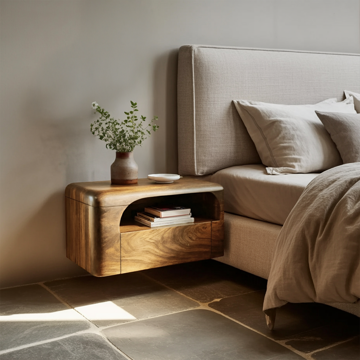 Organic Wall Mounted Bedside Table With Drawer For Bedroom