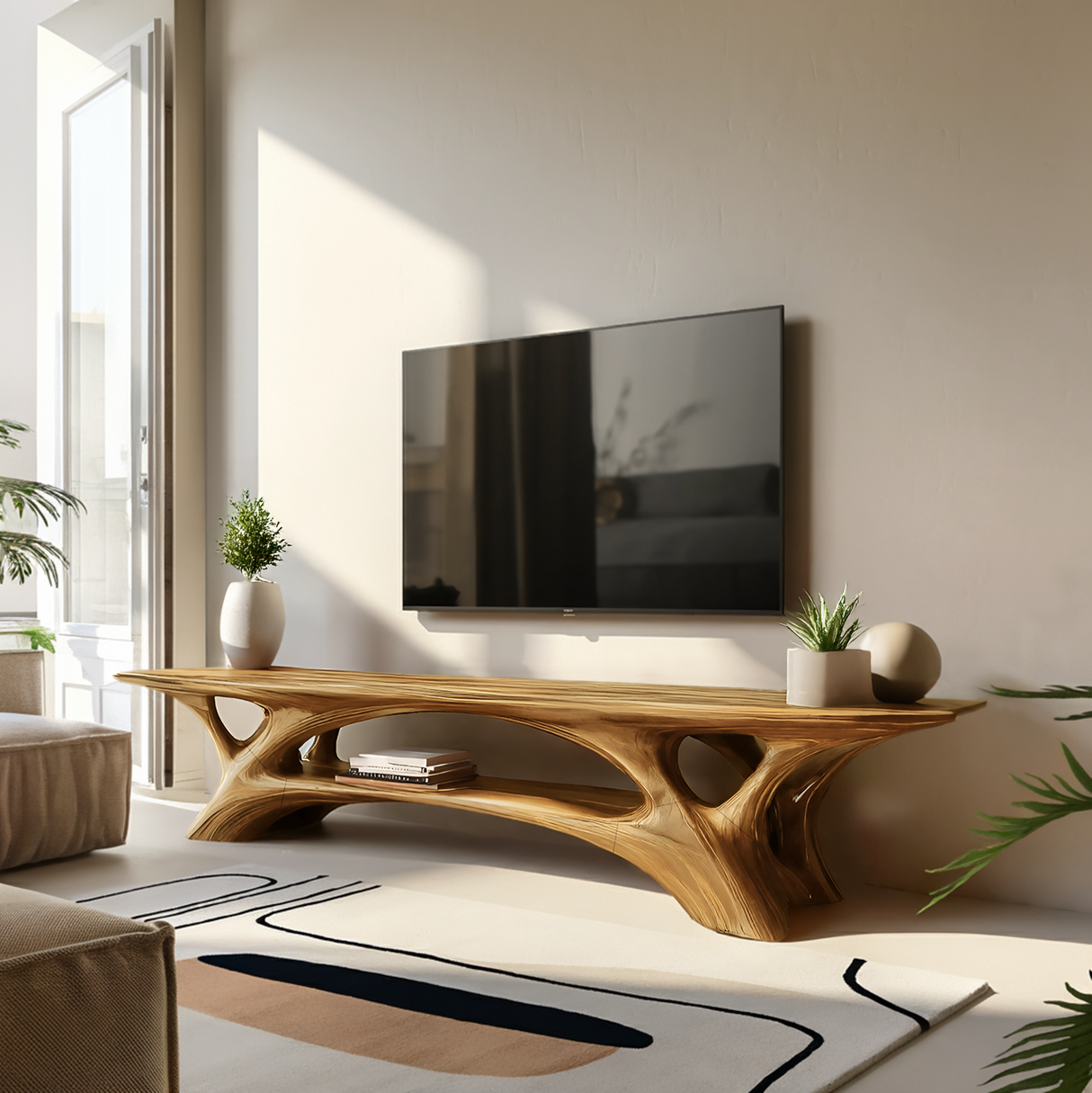 Organic TV Stand With Flowing Curved Design For Modern Home