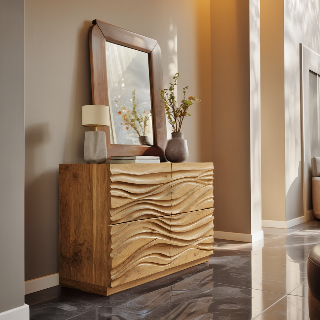 Handcrafted Sideboard Carved Wave Design For Living Decor