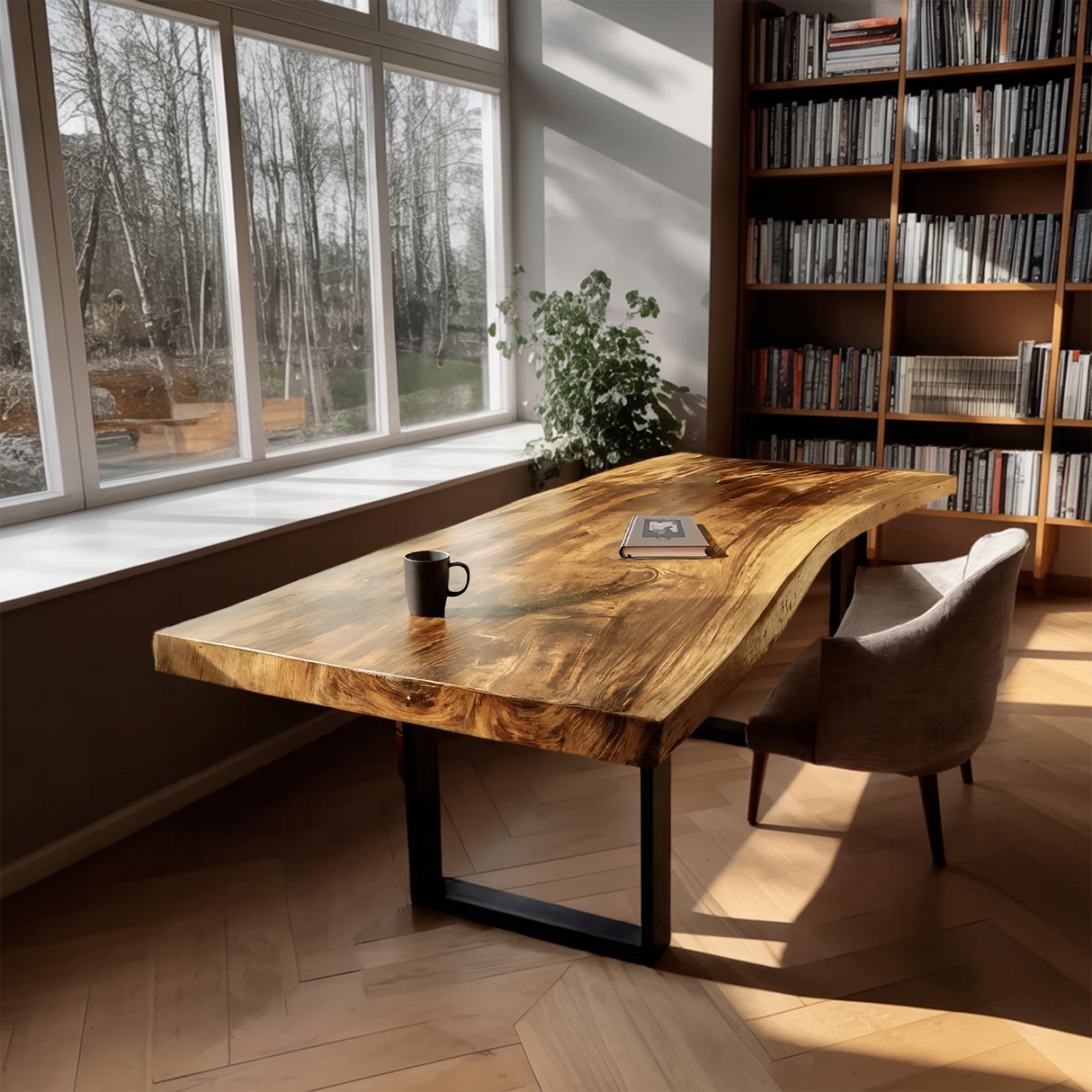 Mid Century Rustic Wooden Live Edge Desk For Home Office