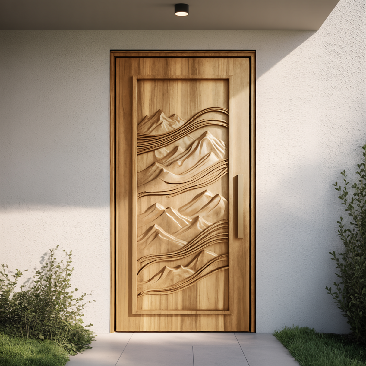 Rustic Carved Front Door With Mountain Design For Cabin Or Lodge