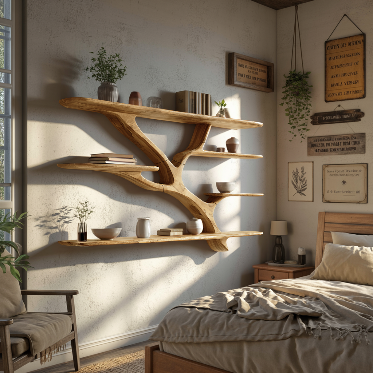 Industrial Floating Wooden Shelving Unit For Bedroom Organizer