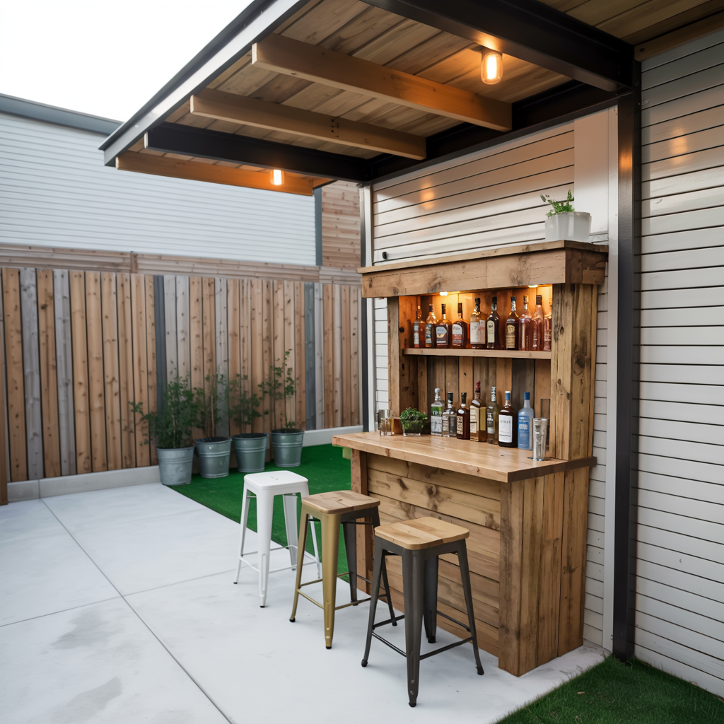 Rustic Wall Mounted Outdoor Bar With Shelves And Lights For Garden Or Patio