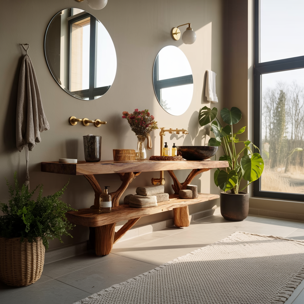 Mid Century Wooden Live Edge Bathroom Vanity For Elegant Bathroom Decor