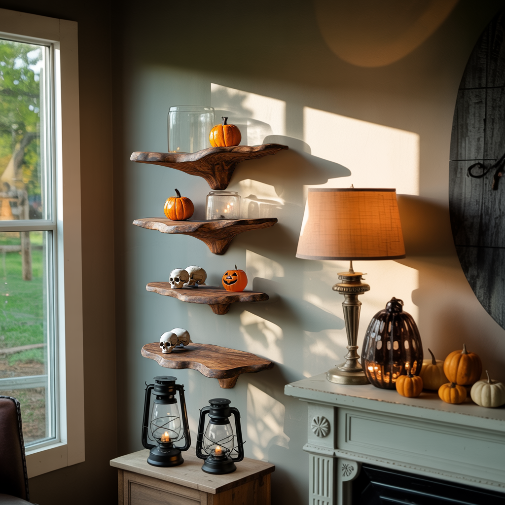 Mid Century Solid Wood Mushroom Shelf For Halloween Wall Design