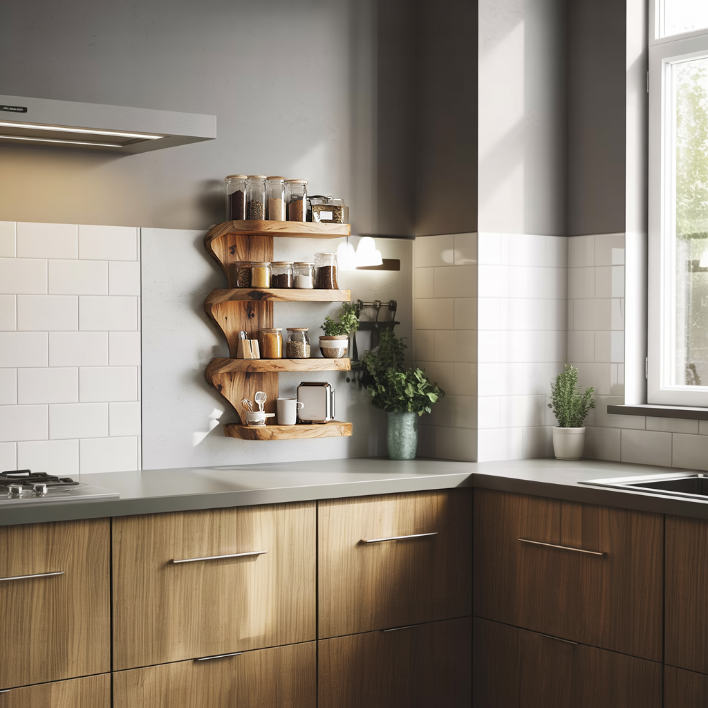 Mid Century Kitchen Decor With Wooden Spice Organizer