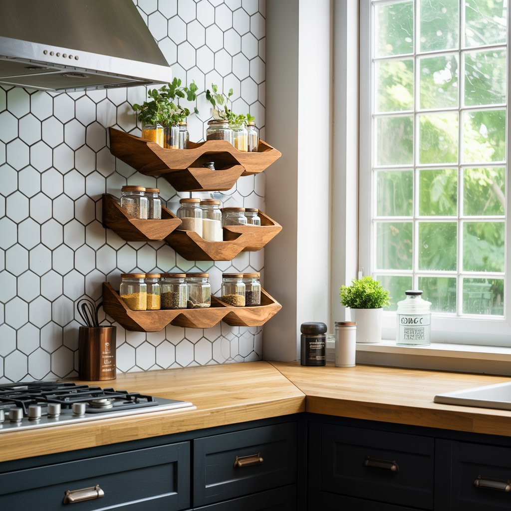 Farmhouse Kitchen Cabinet With Rustic Spice Rack Shelf