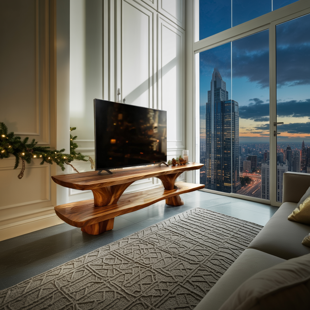 Farmhouse Wooden Live Edge TV Console For Winter Decor Style