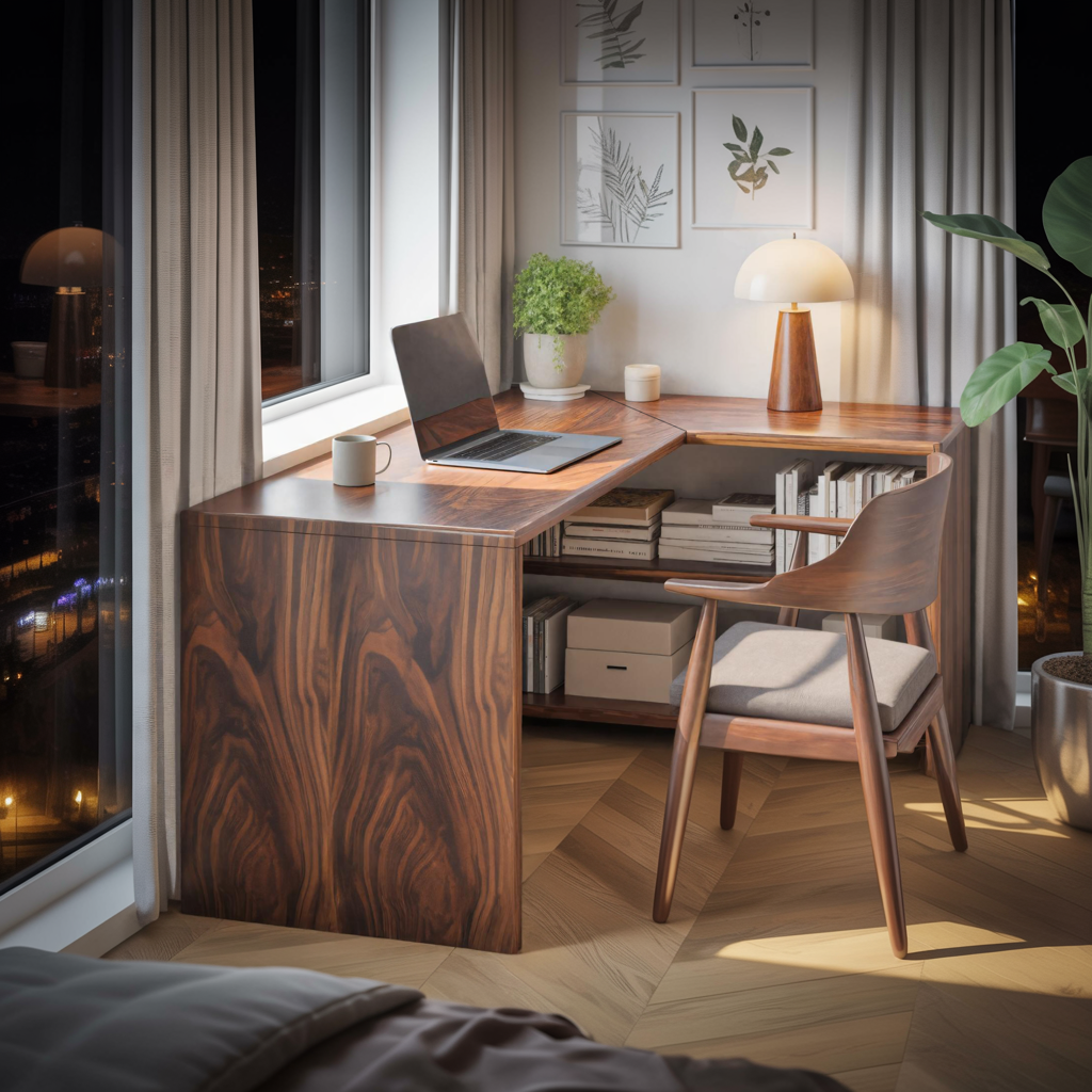 Modern L Shaped Wooden Desk With Bookshelf For Home Office Or Study