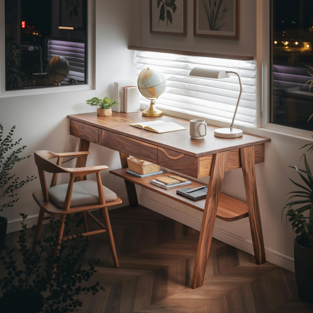 Mid Century Wooden Writing Desk With Drawers And Shelf For Home Office