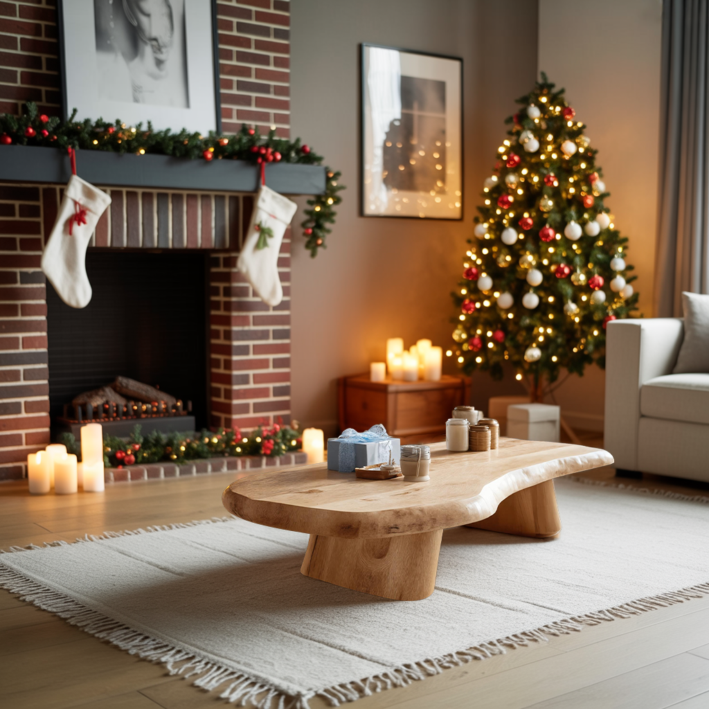 Mid Century Wooden Live Edge Coffee Table For Holiday Entryway Use