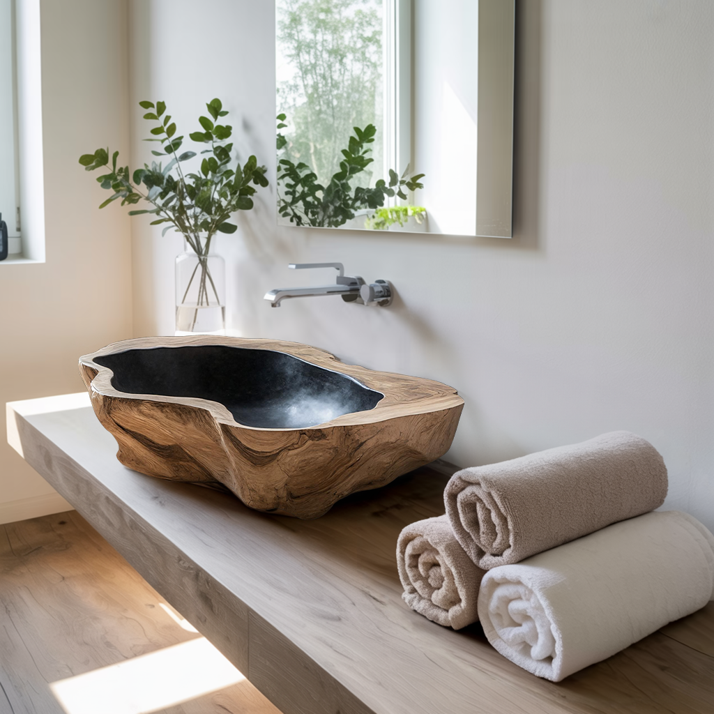 Handcrafted Mid Century Wood Wash Basin For Bathroom