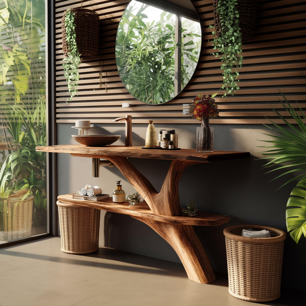 Mid Century Wooden Live Edge Bathroom Vanity For Luxury Home Decor