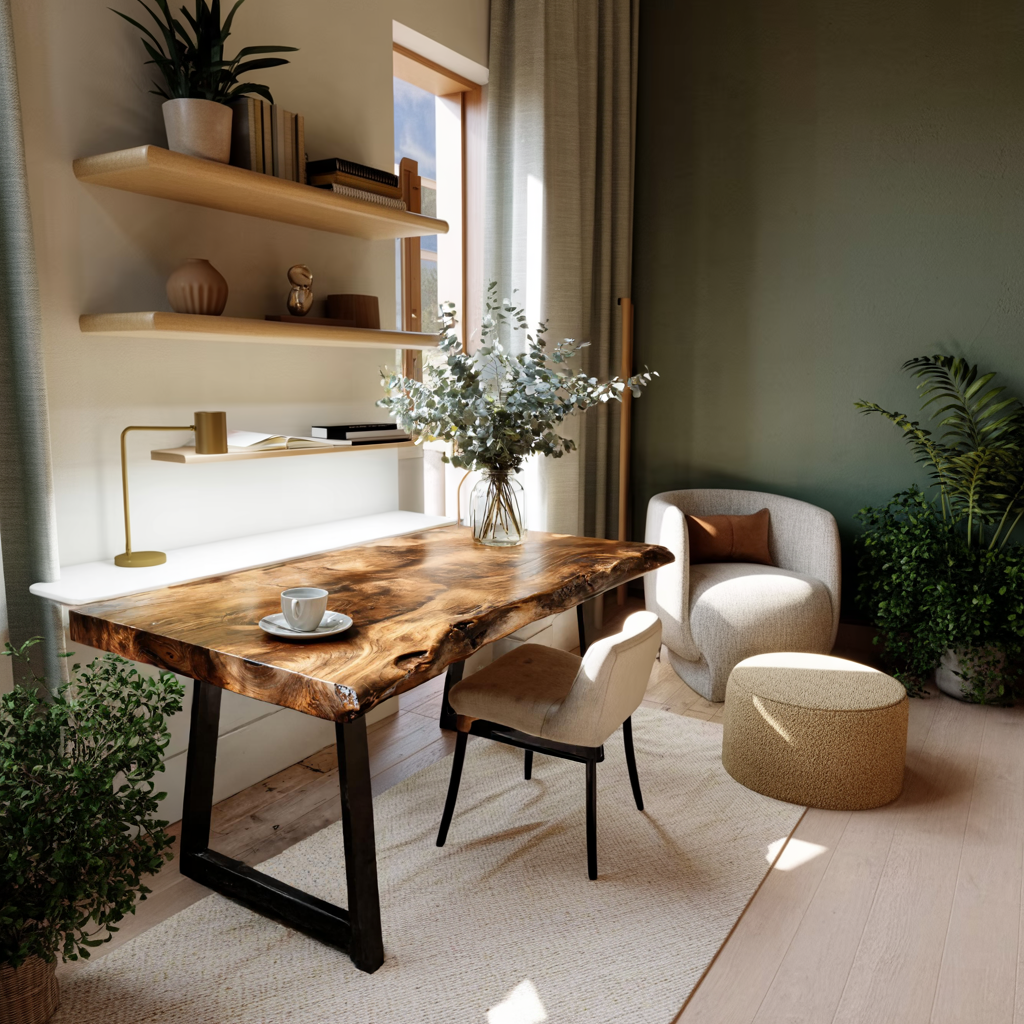 Modern Live Edge Wooden Desk With Metal Legs For Home Office Or Studio