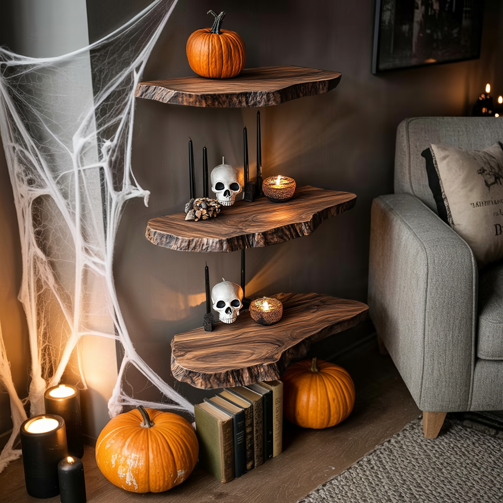 Handcrafted Wooden Live Edge Floating Shelf For Entryway Design With Halloween Hooks