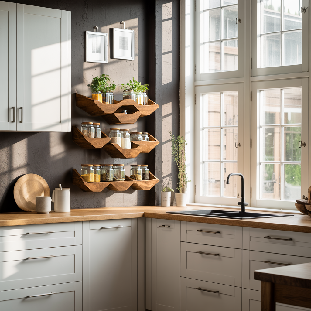 Farmhouse Kitchen Cabinet With Rustic Spice Rack Shelf