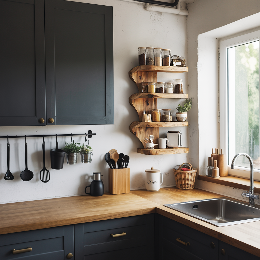 Mid Century Kitchen Decor With Wooden Spice Organizer