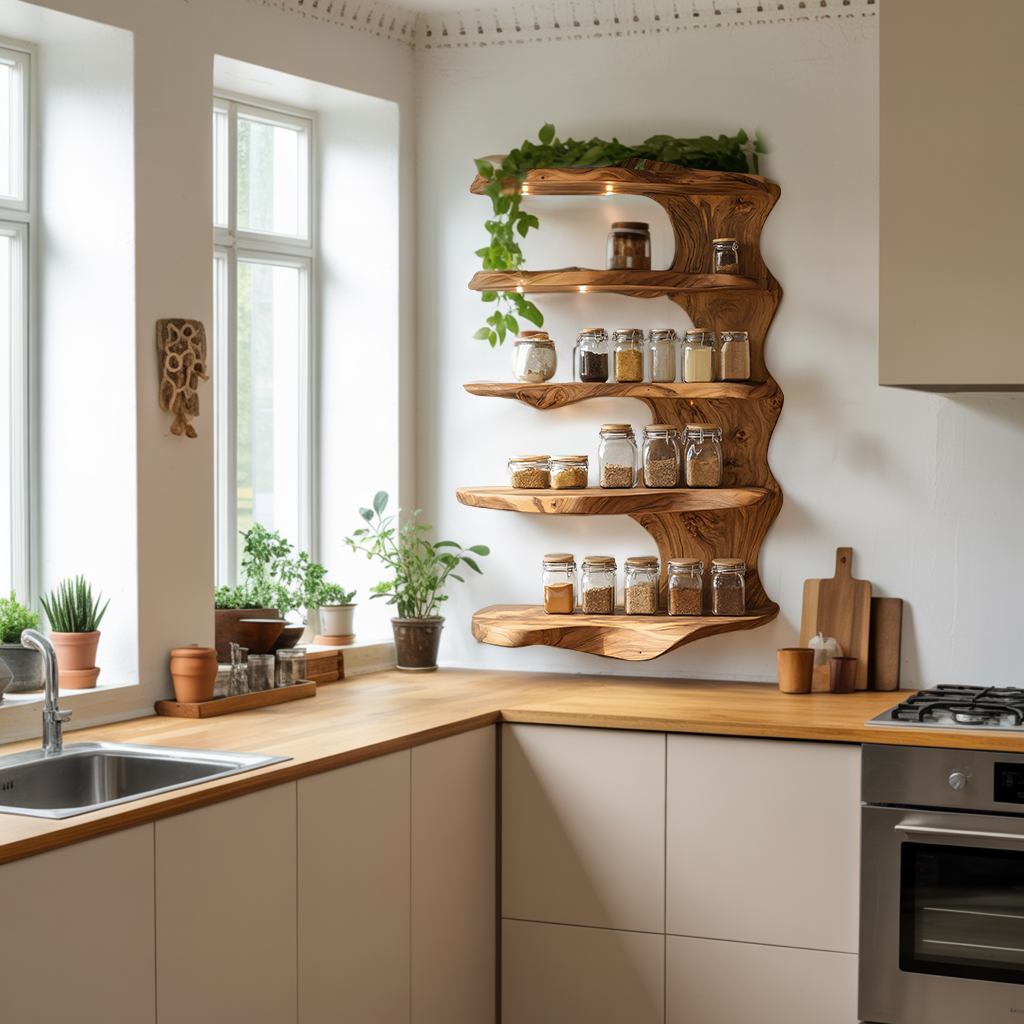 Rustic Kitchen Decor Wooden Spice Storage Shelf