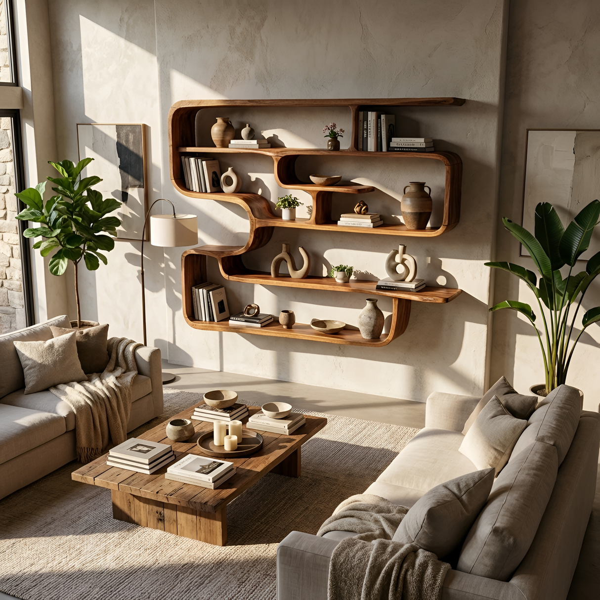 Rustic Live Edge Shelving Unit For Living Room Storage Display