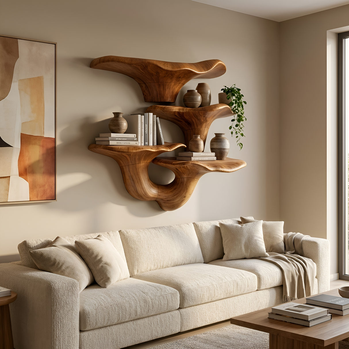 Farmhouse Wooden Live Edge Mushroom Shelf For Cozy Interior Design
