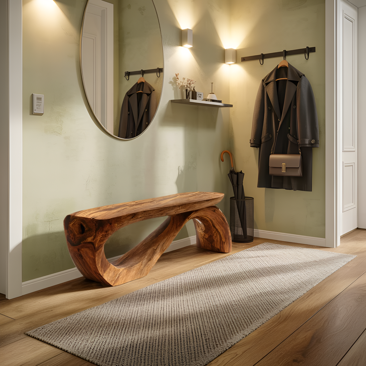 Minimal Organic Bench With Smooth Curved Form For Entryway