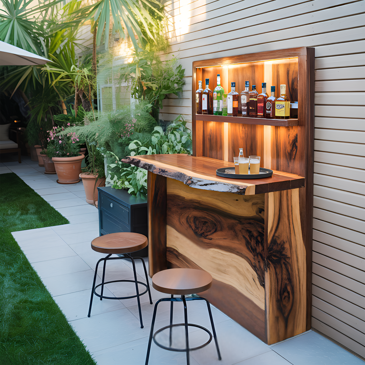 Rustic Live Edge Outdoor Bar Counter With Shelves For Patio
