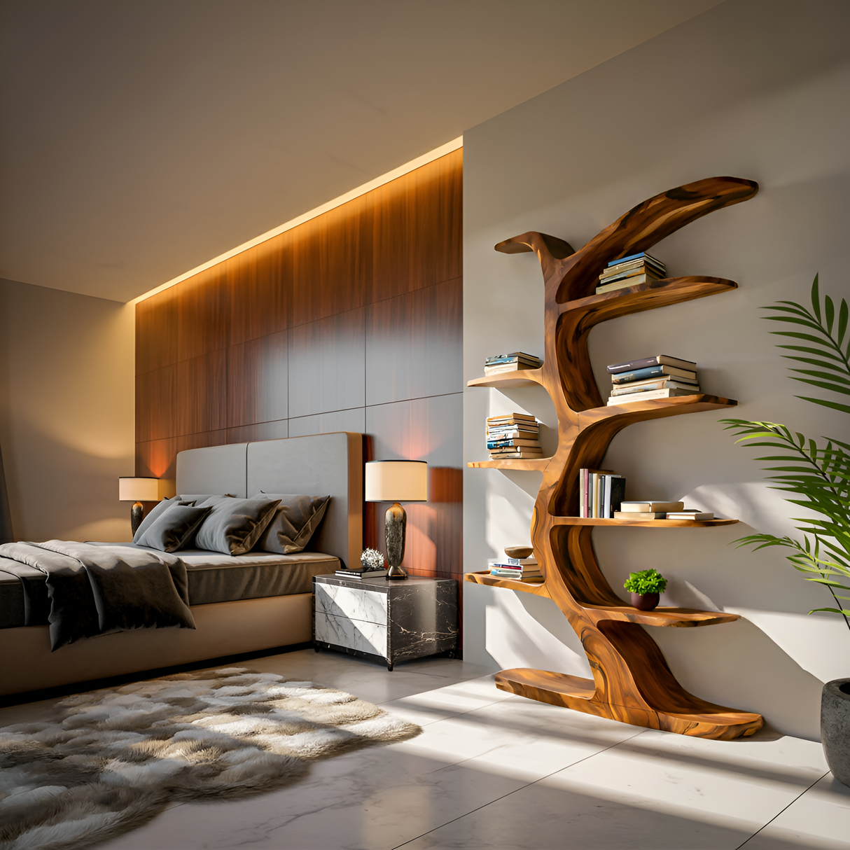 Modern Bookshelf Tree Inspired Curved Design For Living Room
