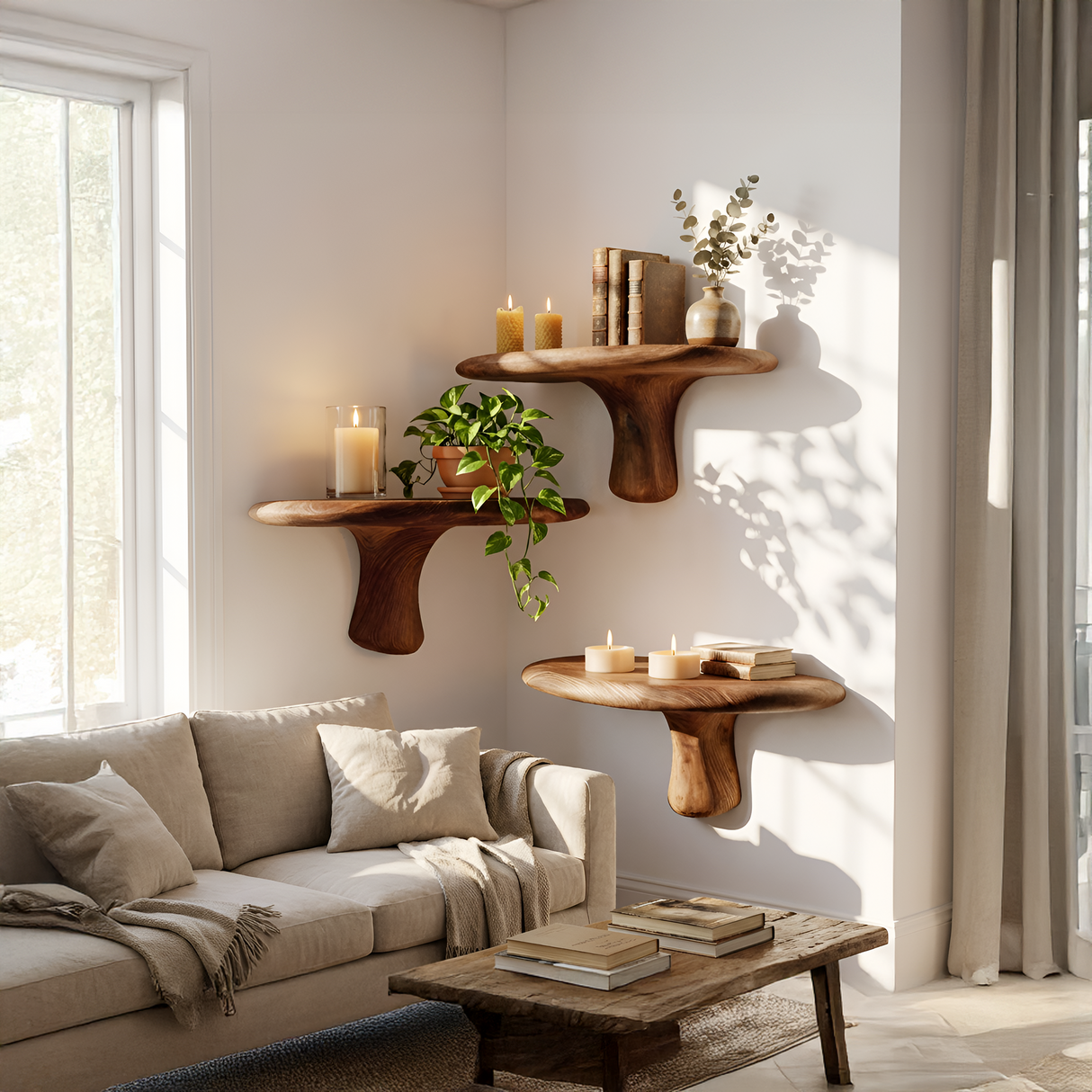 Handcrafted Live Edge Mushroom Shelf For Artistic Living Room Design