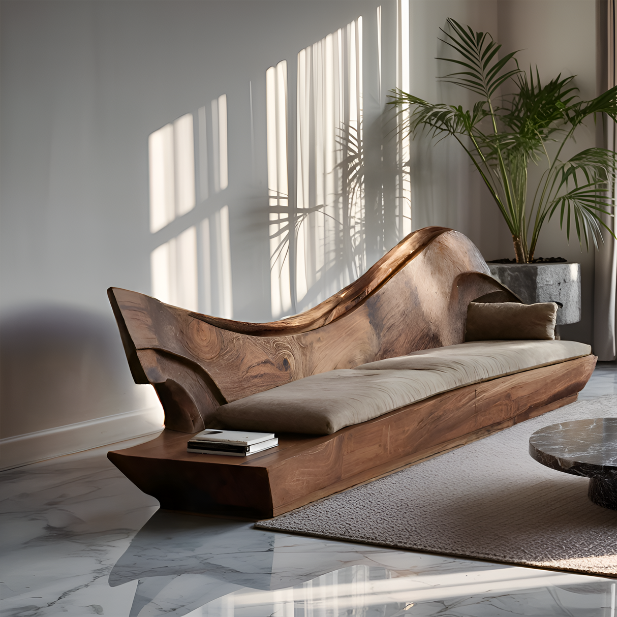 Sculptural Natural Wood Sofa With Organic Curved For Living Room