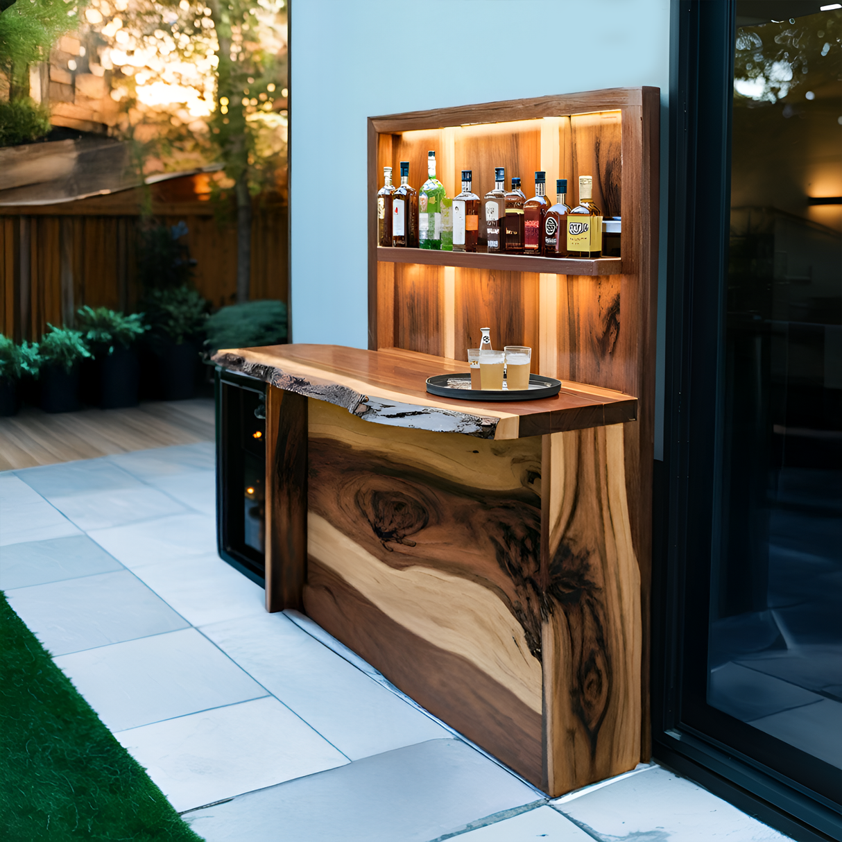 Rustic Live Edge Outdoor Bar Counter With Shelves For Patio