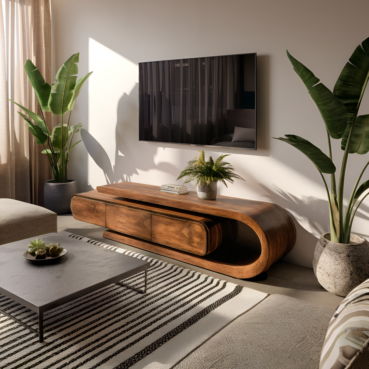 Contemporary Curved Wooden TV Console For Living Room