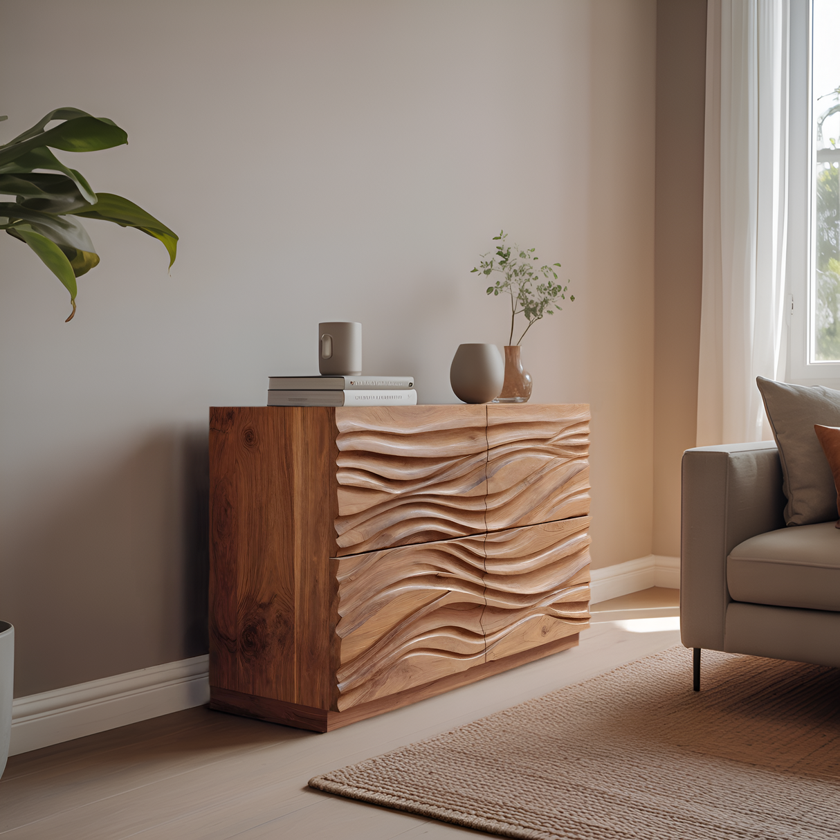 Handcrafted Sideboard Carved Wave Design For Living Decor