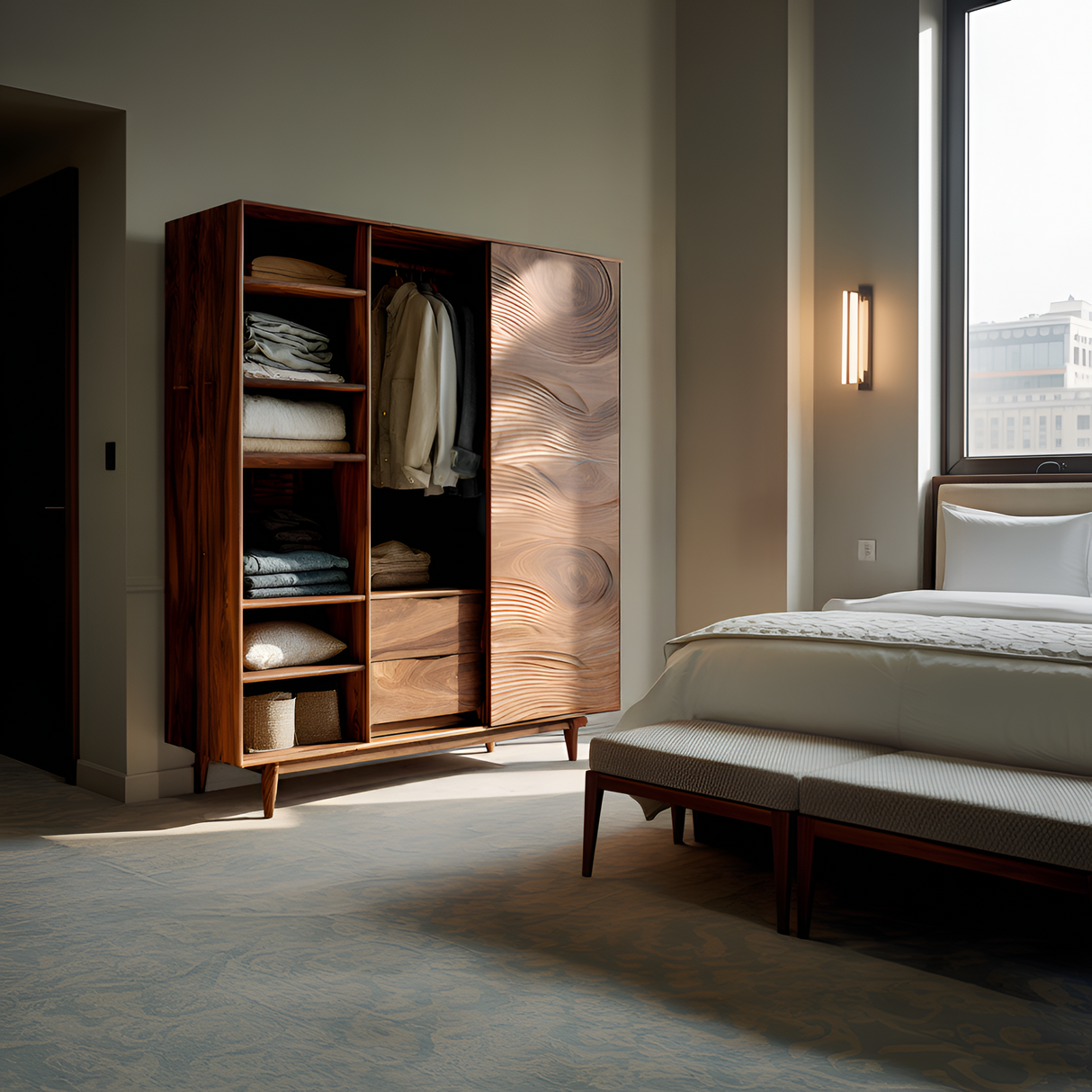 Minimal Wardrobe With Carved Front For Bedroom Space