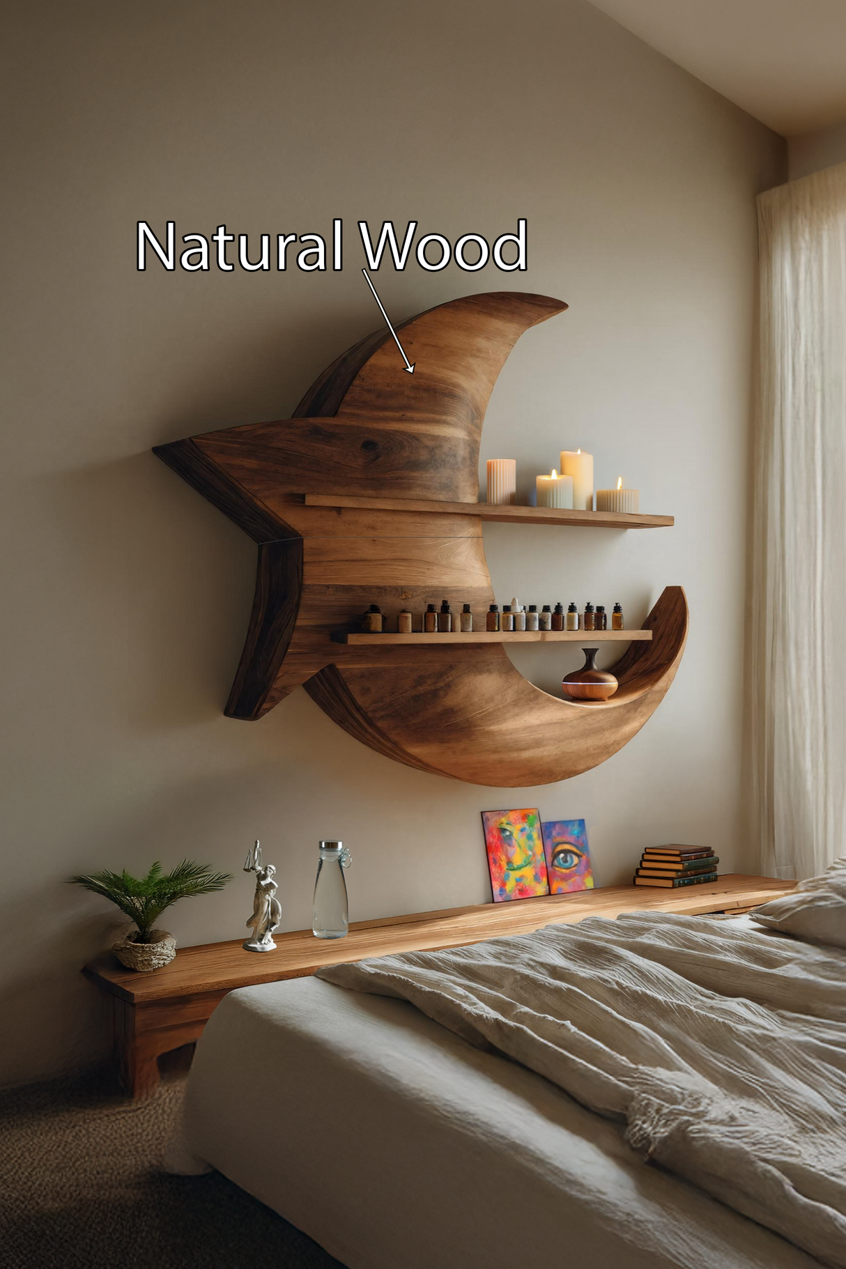 Handcrafted Moon And Star Wooden Shelf For Bedroom Decor