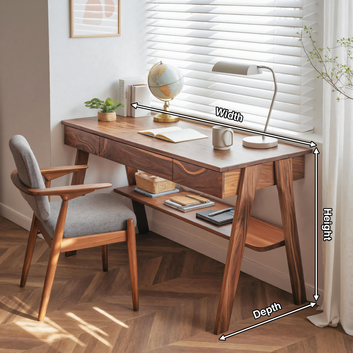 Mid Century Wooden Writing Desk With Drawers And Shelf For Home Office