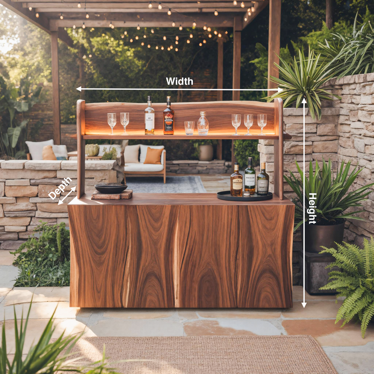 Outdoor Live Edge Bar Table With Curved Shelf For Patio Or Garden