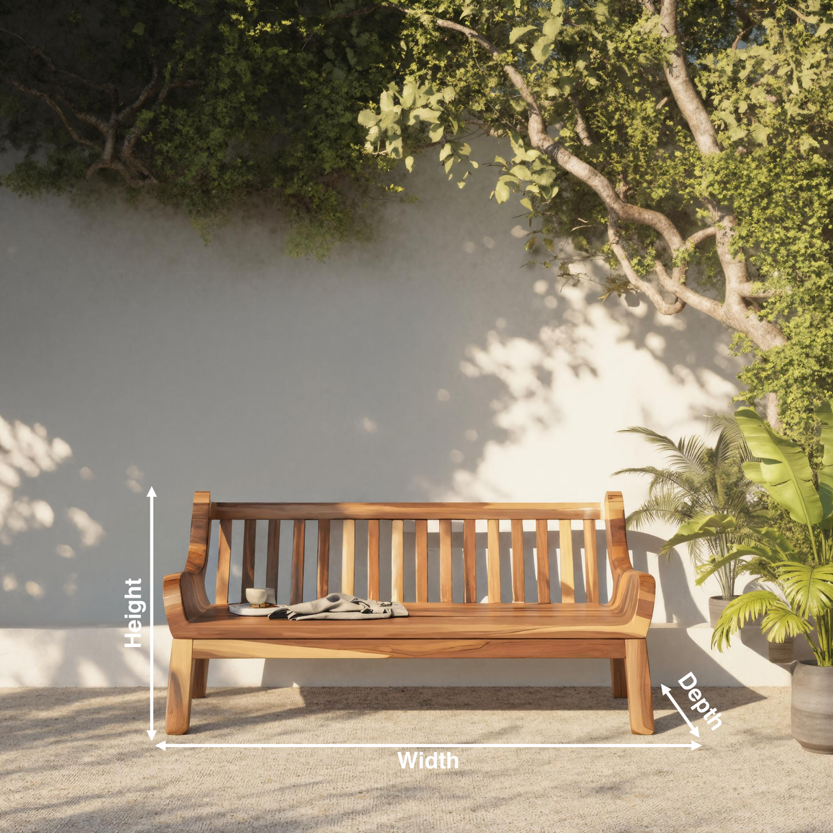 Contemporary Outdoor Wooden Bench With Curved Armrests For Garden Or Porch