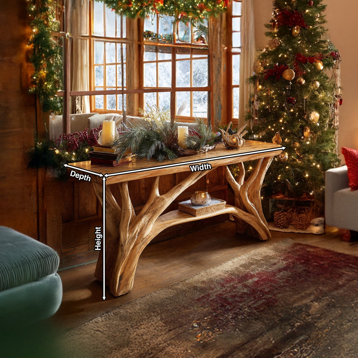 Rustic Wooden Live Edge Console Table For Christmas Living Room