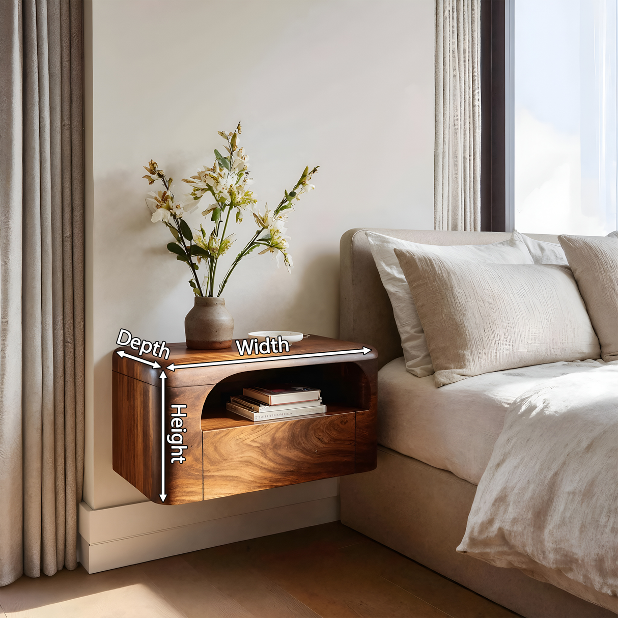 Organic Wall Mounted Bedside Table With Drawer For Bedroom