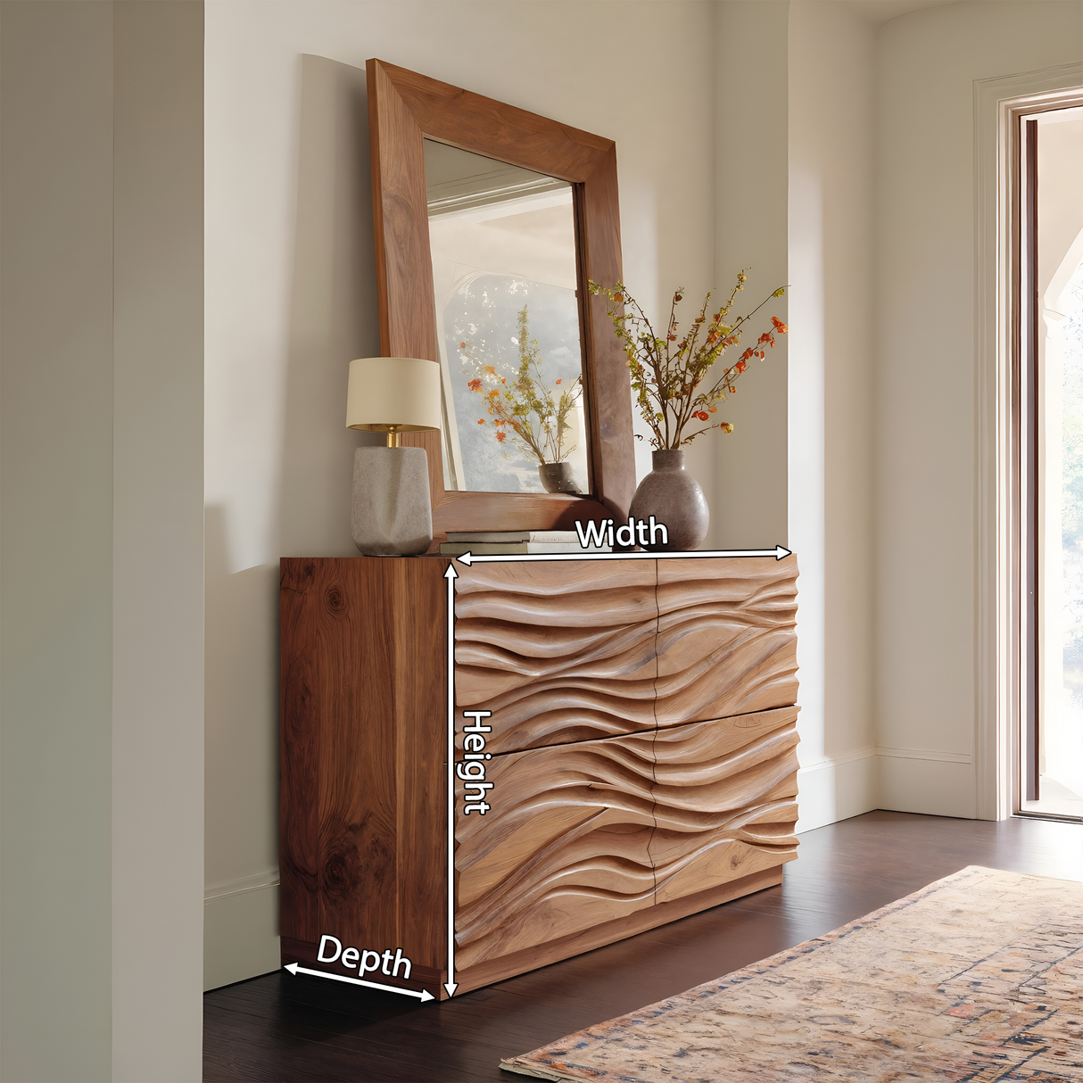 Handcrafted Sideboard Carved Wave Design For Living Decor