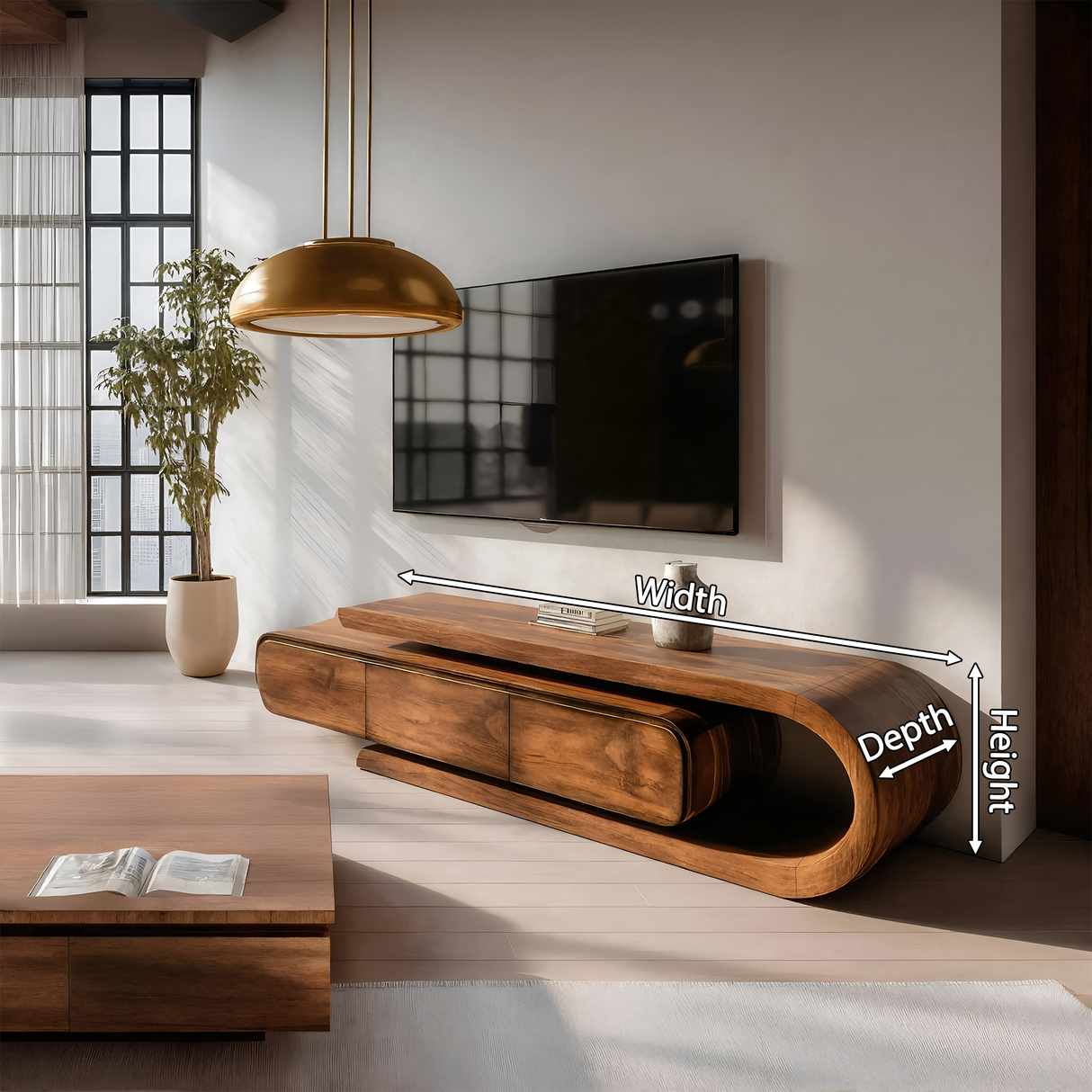 Contemporary Curved Wooden TV Console For Living Room