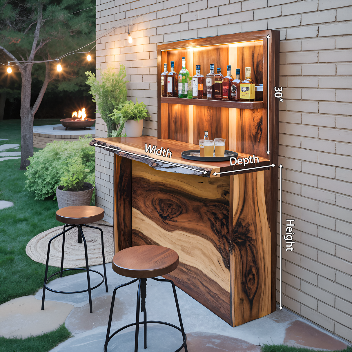 Rustic Live Edge Outdoor Bar Counter With Shelves For Patio
