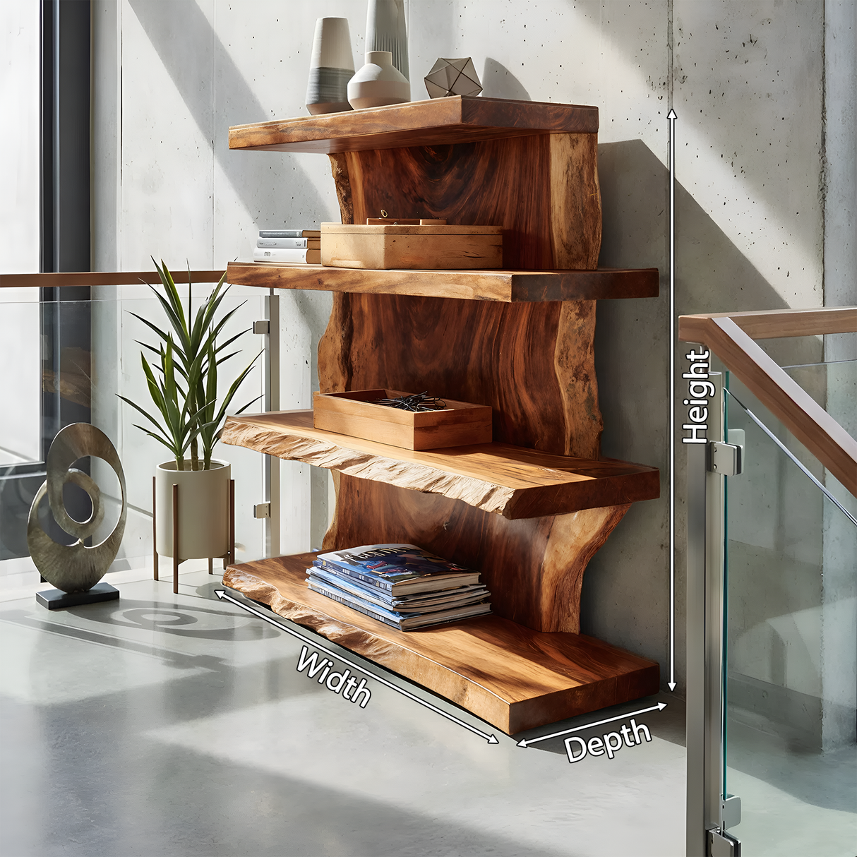 Modern Wooden Live Edge Standing Shelf For Entryway Storage Decor