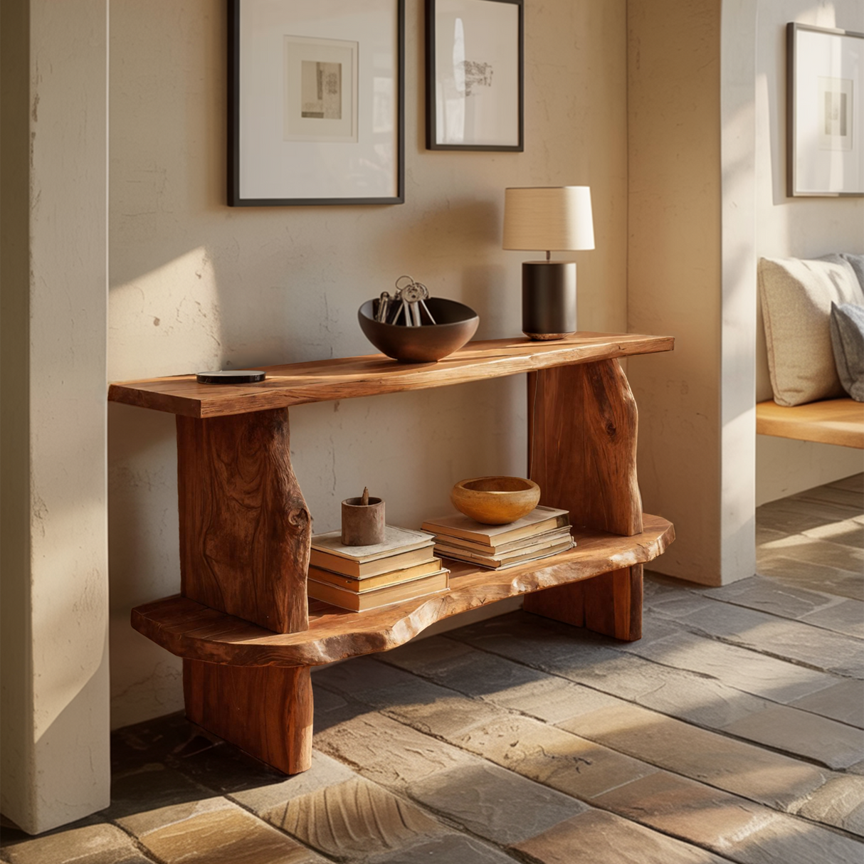 Mid Century Wooden Live Edge Standing Shelf For Living Room Storage Decor