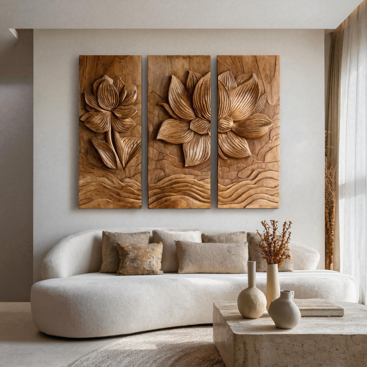 Modern Organic Lotus Wood Wall Art Set For Living Room