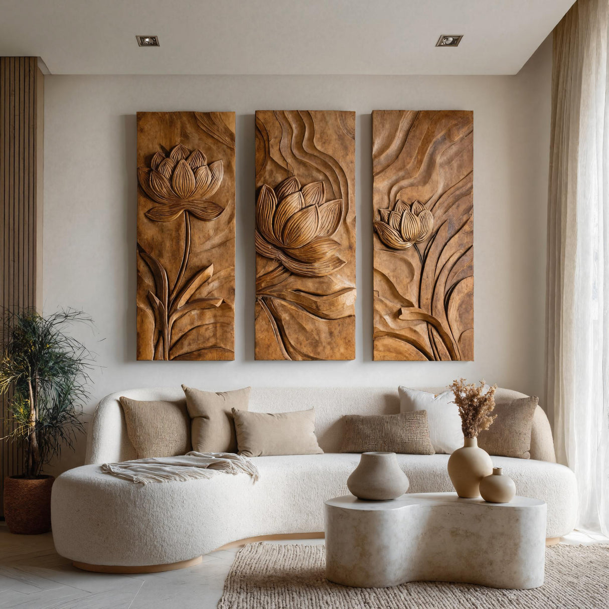 Scandinavian Minimalist Carved Wood Floral Art For Living Room