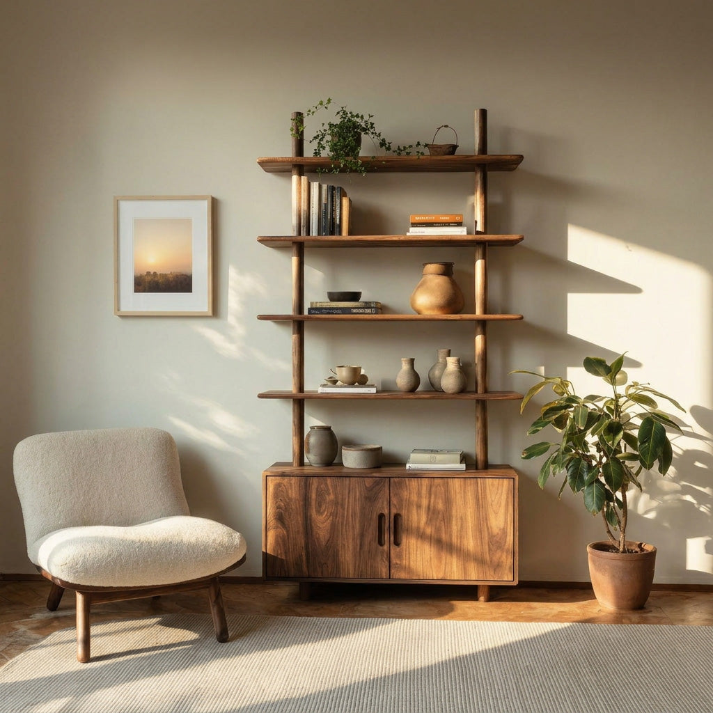 Mid Century Wooden Bookcase With Closed Storage For Living
