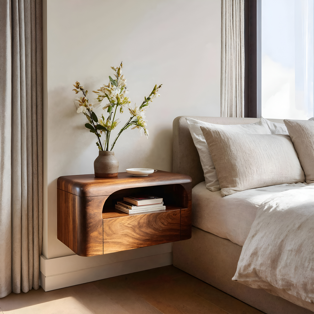 Organic Wall Mounted Bedside Table With Drawer For Bedroom