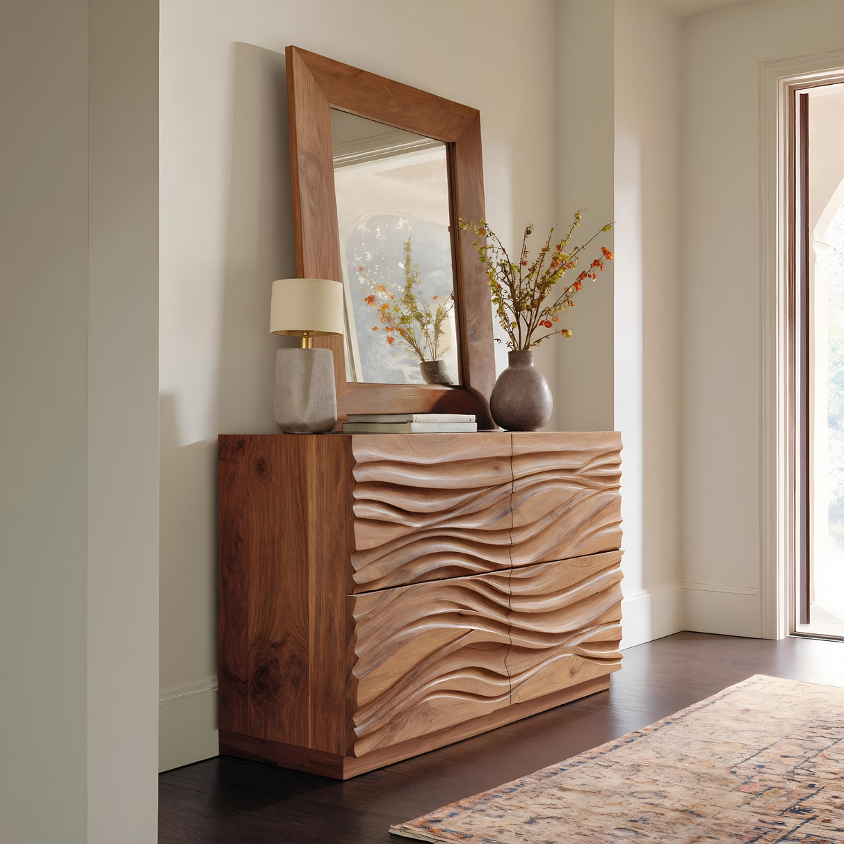 Handcrafted Sideboard Carved Wave Design For Living Decor