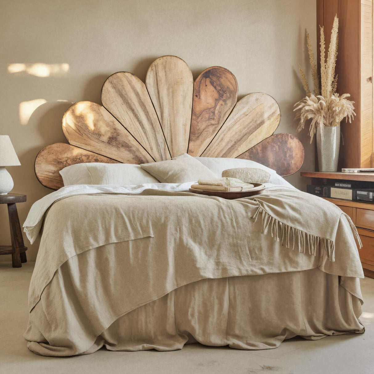 Boho Flower Petal Headboard Bed For Queen And King Bedroom